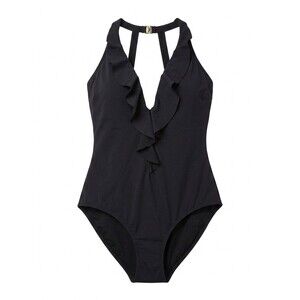 Togs Swimwear Sz 8 Black Tummy Control Ruffle V-Neck One Piece Bathing Suit EUC
